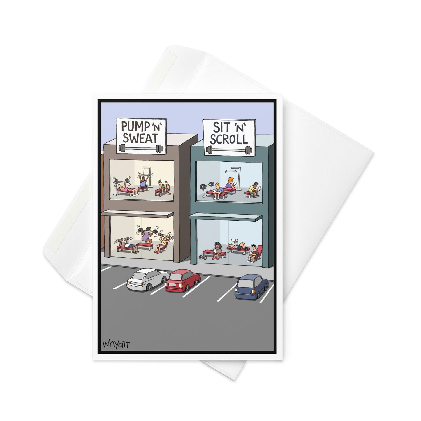 Sit n scroll greeting card - Whyatt Cartoons